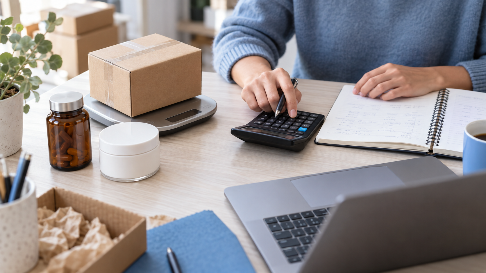 Análisis de costes de venta online con calculadora, caja de envío y productos de cosmética y suplementación.