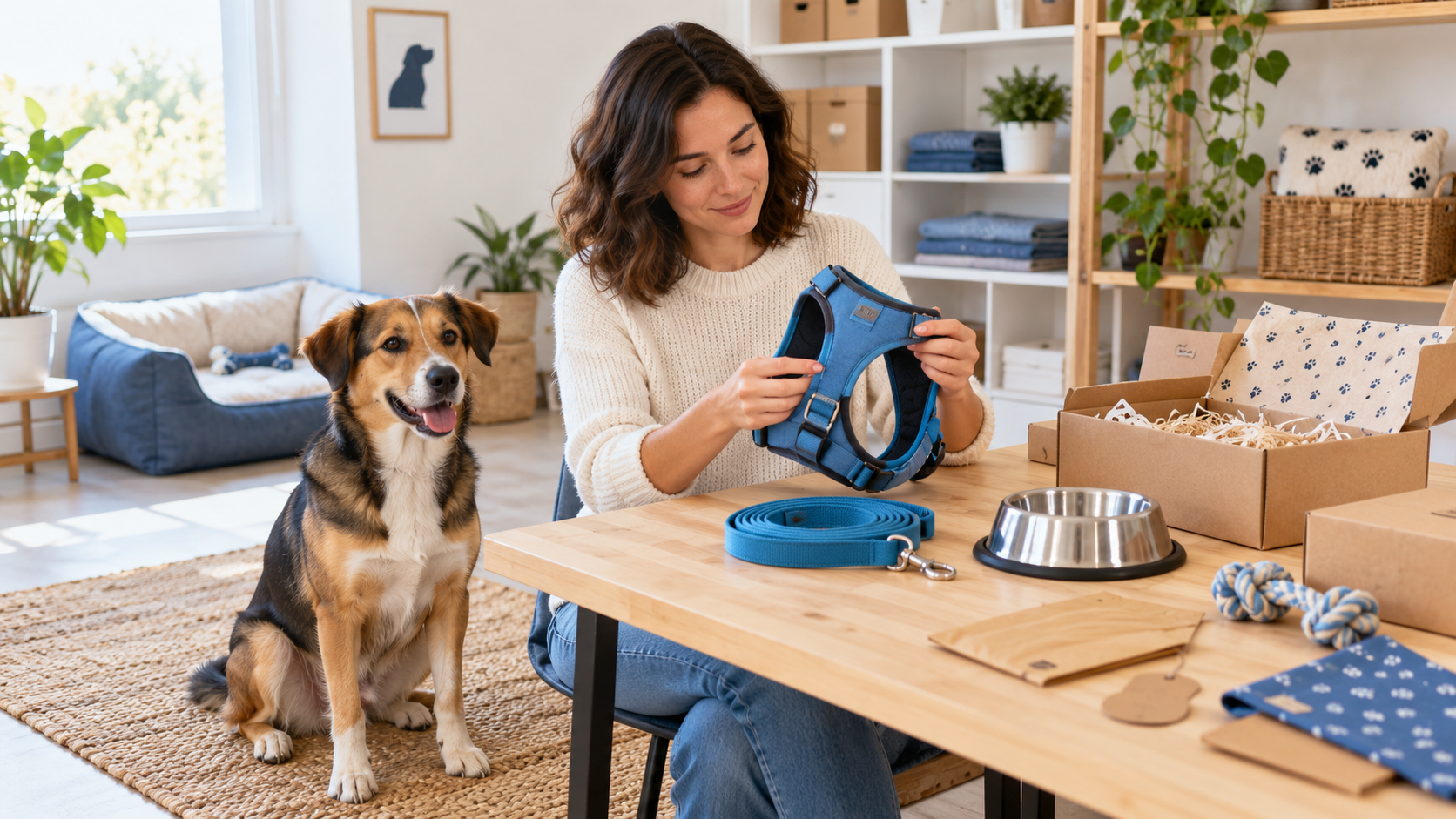 Preparación de accesorios para mascotas para vender en Amazon: arnés, correa y comedero junto a un perro.