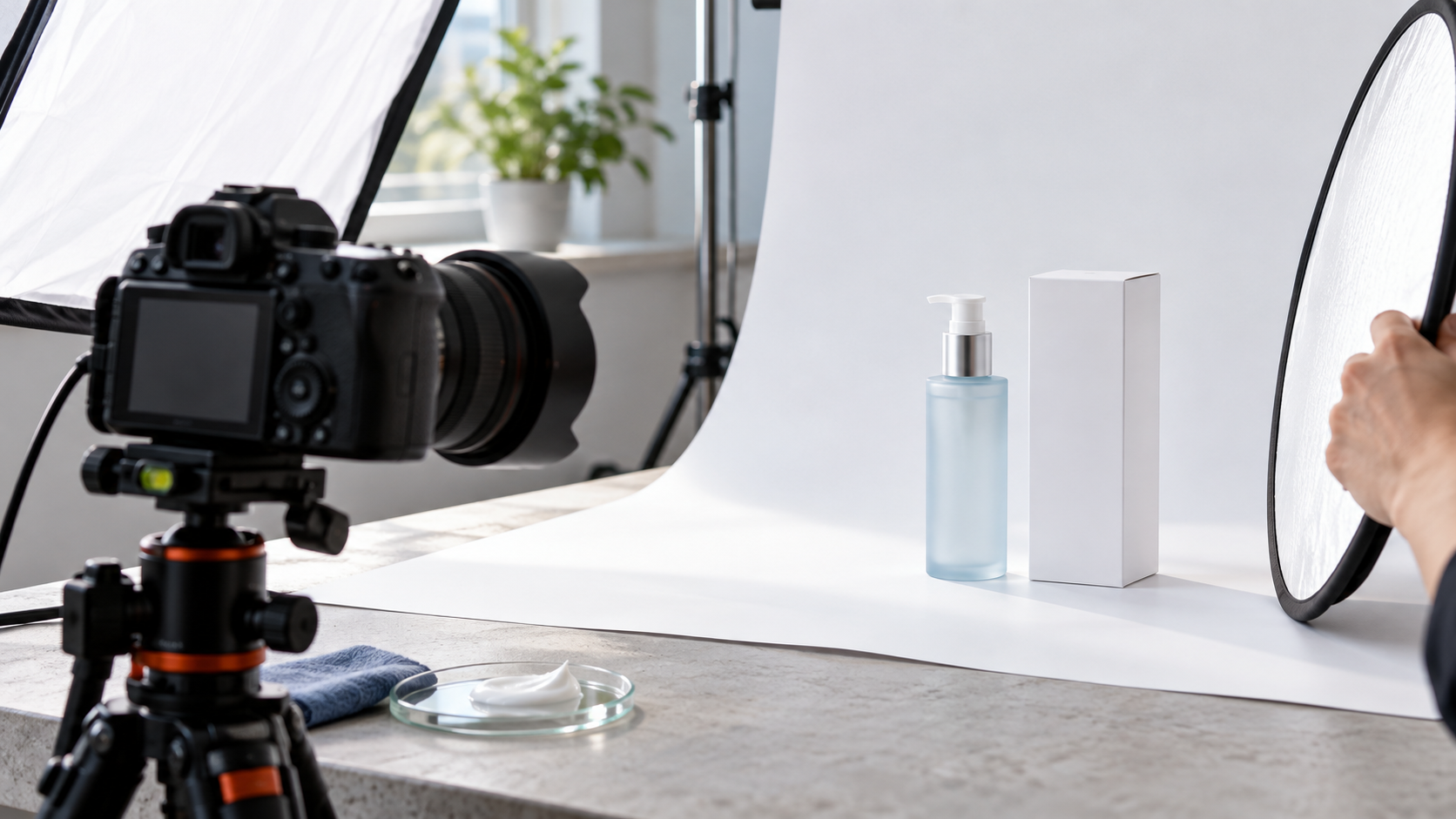 Sesión de fotografía para preparar imágenes de cosmética en Amazon, con cámara, envase y reflector.