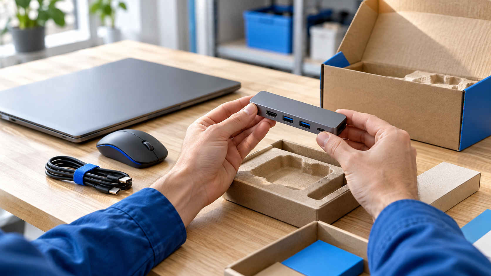 Revisión de un accesorio informático y su embalaje para reducir devoluciones en Amazon.