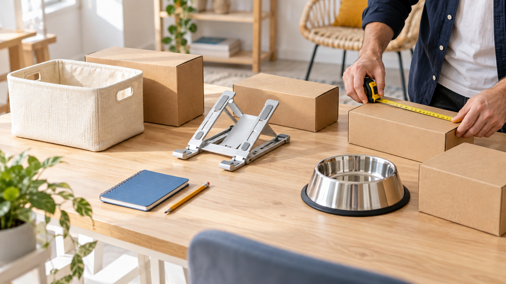 Selección de una cesta, un soporte para portátil y un comedero para decidir qué productos vender en Amazon.